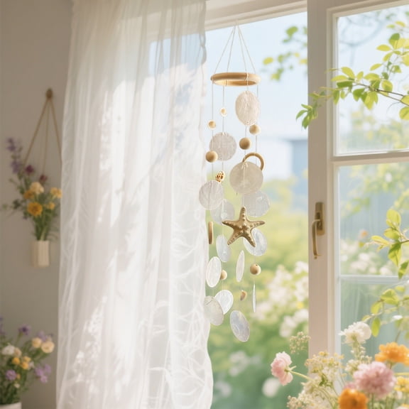 EGYMEN Handmade Wind Chime, Decorative Wooden Wind Chime for Home Atmosphere, Soothing Sound Wind Charm for Window or Balcony, Unique Sea Shell Wind Decor