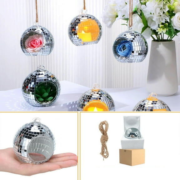 EGYMEN Hanging Mirror Pendant, Side Opening Spherical Candle Holder with Optical Effect, Round Glass Candle Cup for Home Decor, Decorative Plant Pot with 1-Meter Lanyard