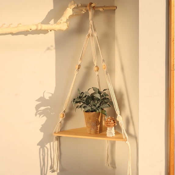 EGYMEN Hanging Shelf, Bohemian Style Storage Shelf with Hand Woven Ropes, Natural Wooden Decorative Rack for Plants and Books, Triangle Layered Wall Storage Unit