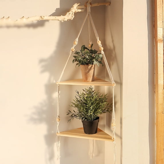 EGYMEN Hanging Shelf, Bohemian Style Storage Shelf with Hand Woven Ropes, Natural Wooden Decorative Rack for Plants and Books, Triangle Layered Wall Storage Unit