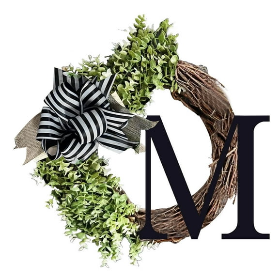 EGYMEN Initial Letter Wreaths for Front Door with Striped Linen Bow & Fake Green Grass on Grapevine Base Farmhouse Style Rustic Door Decor Spring Summer Green Wreath, M