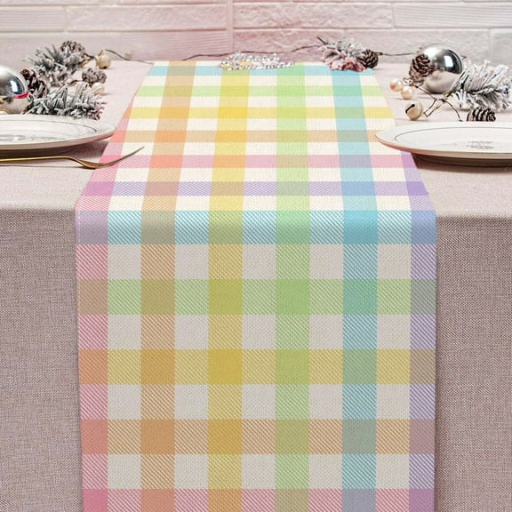 EGYMEN Linen Table Runner, Easter Printed Table Decoration, Flax Dining Table Accent, Multicolor Plaid Table Cloth