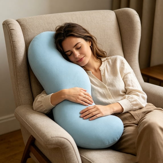EGYMEN Long Body Pillow, Ergonomic Support Cushion for Pregnancy Relief, Contoured Body Support Pillow for Back and Hip Pain, Soft Breathable Sleep Pillow for Side Sleepers (Blue)