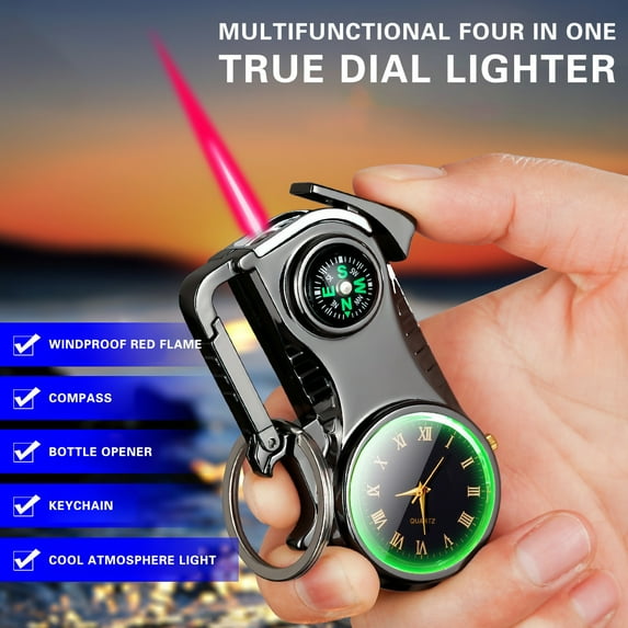 EGYMEN Multifunctional Key Chain Bottle Opener with Colored Light, Real Watch, Five-in-One Windproof Torch Lighter, Refillable Butane Gas Gadget for Outdoor Adventures and Gifts