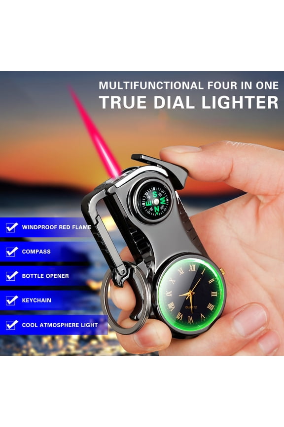 Multifunctional Key Chain Bottle Opener with Colored Light, Real Watch, Five-in-One Windproof Torch Lighter, Refillable Butane Gas Gadget for Outdoor Adventures and Gifts