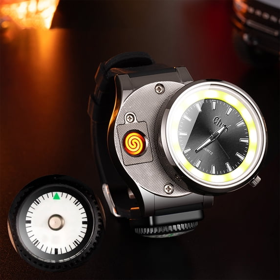EGYMEN Multifunctional Luminous Watch Lighter (Youth Edition with Compass), USB Rechargeable Windproof Tungsten Lighter Watch, Outdoor Plasma Flameless Lighter