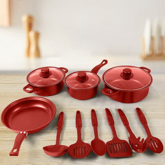 EGYMEN Non-Stick Cookware Set, Thirteen Piece Kitchenware Collection with Ideal Utensils, Versatile Cooking Pots and Pans, Complete Cookware Ensemble for All Your Culinary Needs(Red)
