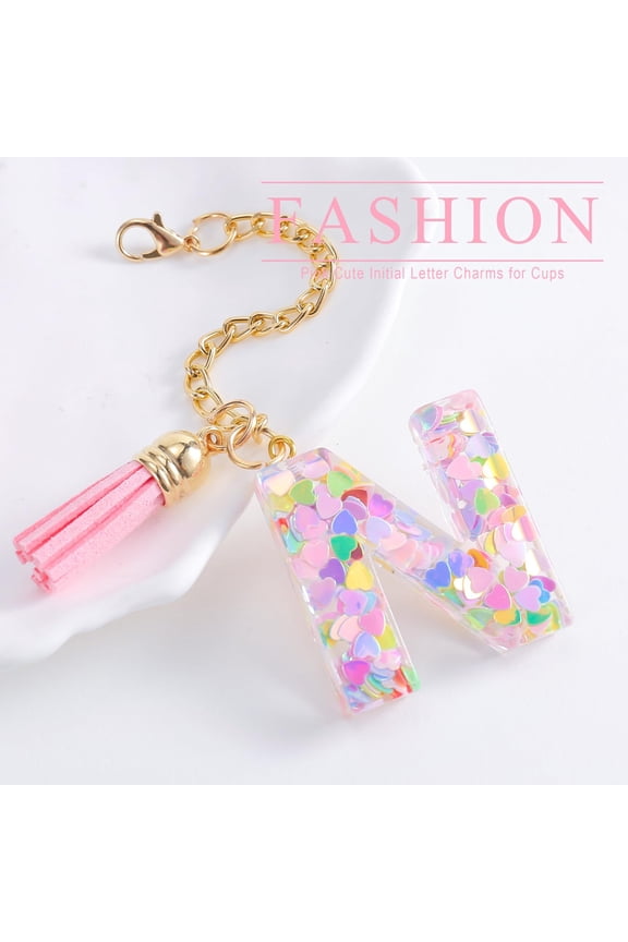 Personalized Initial Keychain, Cute Letter Accessory for Tumbler, Shining Heart-Shaped Sequins Handle Decoration for Women and Girls, Perfect Stocking Stuffer Gift