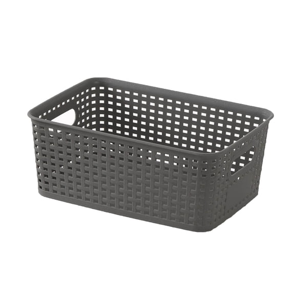 EGYMEN Plastic Woven Storage Basket, Hollow Handle Organizer, Stackable Toy Storage, Multifunctional Home and Office Bin, Durable Plastic Storage Box, Stylish Closet Organizer (Gray)