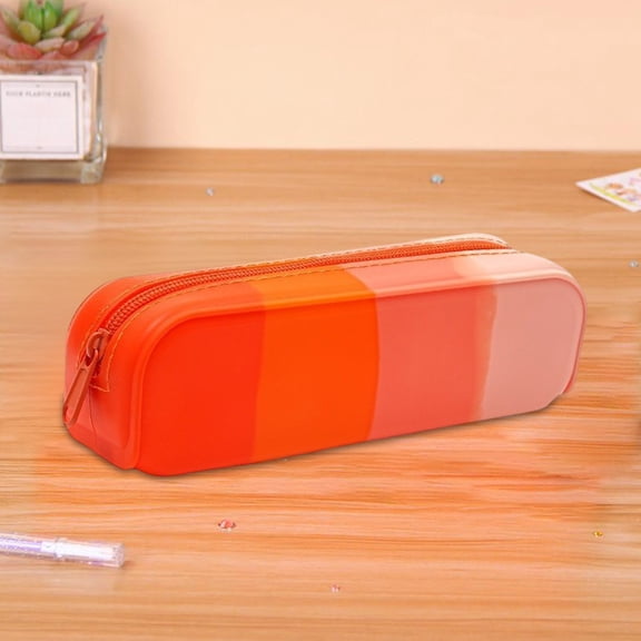 EGYMEN Portable Zipper Pencil Case, Colorful Silicone Stationery Pouch with Macaron Gradient Design, Large Capacity Pen Holder for Students, Versatile Travel Writing Utensil Organizer(Orange)