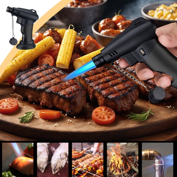 EGYMEN Refillable Butane Torch Lighter, Windproof Kitchen Cooking Lighter with Adjustable Blue Flame, Safe Lock & Electronic Ignition for BBQ, Camping & Indoor Use
