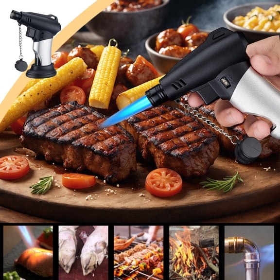 EGYMEN Refillable Butane Torch Lighter, Windproof Kitchen Cooking Lighter with Adjustable Blue Flame, Safe Lock & Electronic Ignition for BBQ, Camping & Indoor Use
