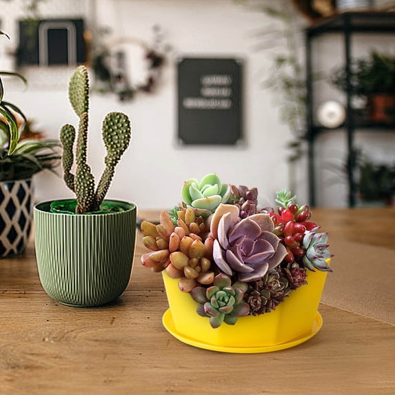 EGYMEN Resin Flower Pot, Durable Plastic Planter with Bottom Tray, Large Fleshy Plant Container, Stylish Ceramic Imitation Planter for Indoor and Outdoor Use(Yellow)