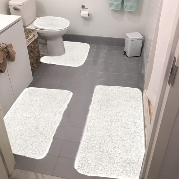 EGYMEN Toilet Mat Set, Plush Bath Rug Collection with Soft Velvet Fleece, Water-Absorbent Bathroom Carpet Kit, Non-Slip Shower Rug Set for Home Use(White)