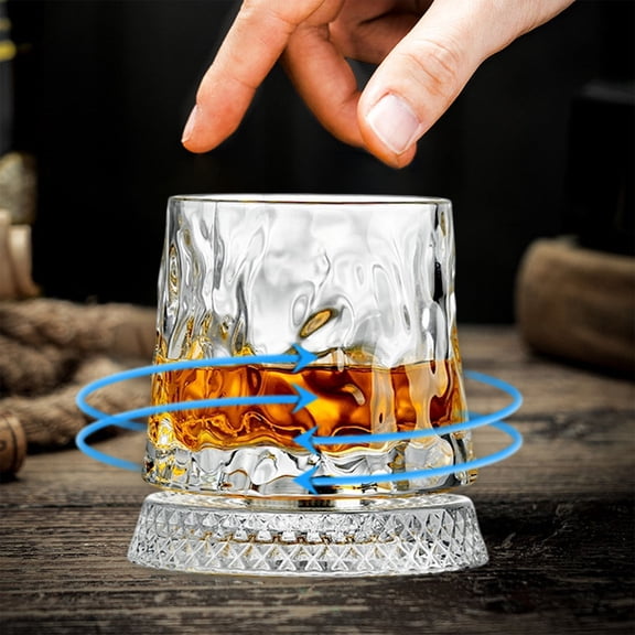 EGYMEN Spinning Whiskey Glass, Elegant Crystal Bourbon Glass, Rotating Wine Glass, Modern Drinkware Display, Unique Gift for Home Bar, Stylish Spirits Glass (Clear)
