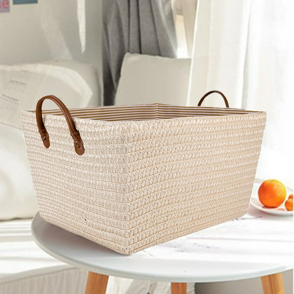 EGYMEN Storage Basket for Laundry, Toy Bin, Organizing Bins, Canvas Storage Box, Foldable Rattan Basket, Decorative Storage Solution, Kids Room Storage (White)