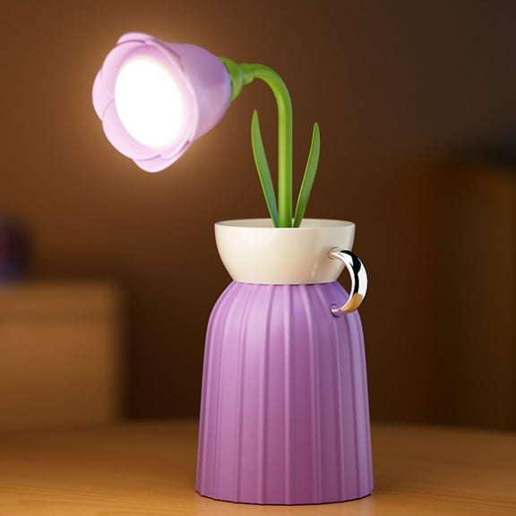 EGYMEN Unique Wireless Flower Lamp, Flexible Gooseneck LED Light with Vase, Rechargeable Desk Lamp with USB Charging, Cute Table Lighting for Home and Office(Purple)