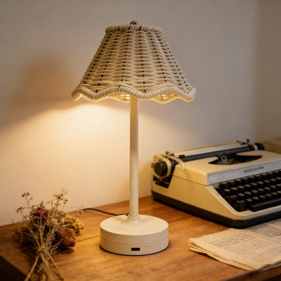 EGYMEN Vintage Rattan LED Table Lamp, Rechargeable Touch Dimmable Night Light with Scalloped Woven Shade, Portable Bedside Light for Bedroom, Living Room, and Patio