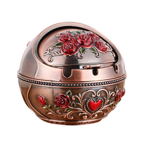EGYMEN Vintage Rose Metal Ashtray, Decorative Windproof Cigarette Ashtray with Lid, Large Capacity Peacock Design Smoking Ashtray for Indoor & Outdoor Use