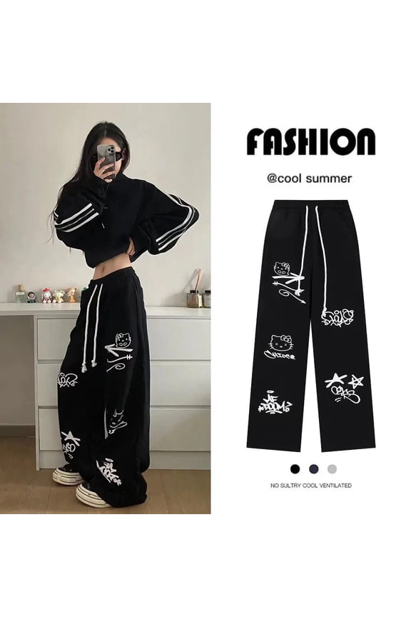 EGirls Clothing  Plus Velvet Kawaii  Anime Wide Leg Trousers Japanese Streetwear High Waist Pants Loose Straight Pants Women