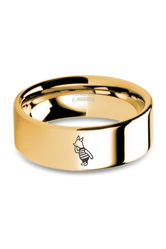 EH Shepard Piglet Laser Engraved Yellow Gold Tungsten Ring, 8mm, Size 11.5