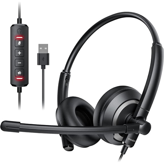EH05-U Wired USB Headset with Noise Cancelling Microphone for PC Laptop - Headphones with In-Line Control, Lightweight, Enhanced Sound & MIC Mute