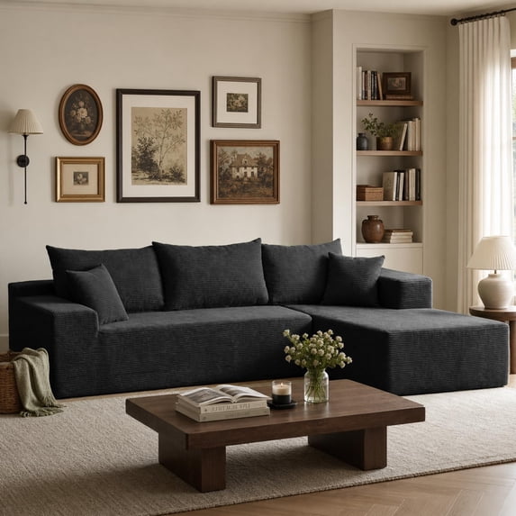 QuzyAor 104" Black Boneless Couch, Cloud Couch Sectional for Living Room, Modular L Shape Sofa with Right Chaise, Corduroy Deep Seat, No Assembly