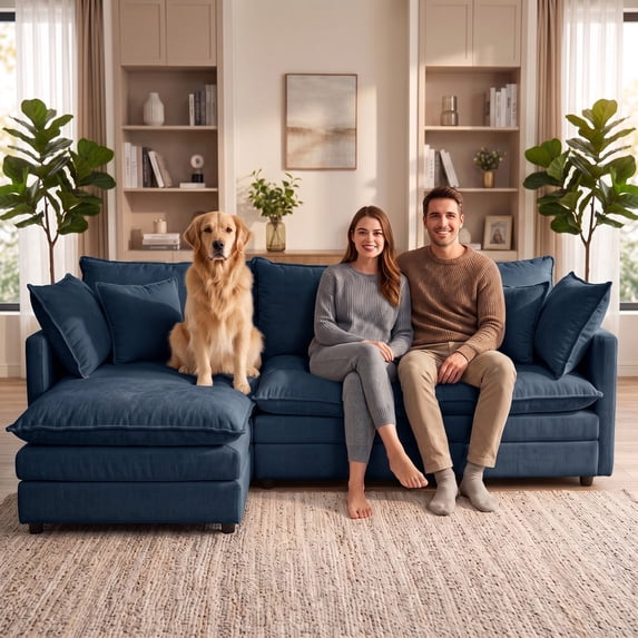 EHANCIS 105" Modular Sectional Sofa, 3 Seater Chenille L Shape Couch with Ottoman, Blue