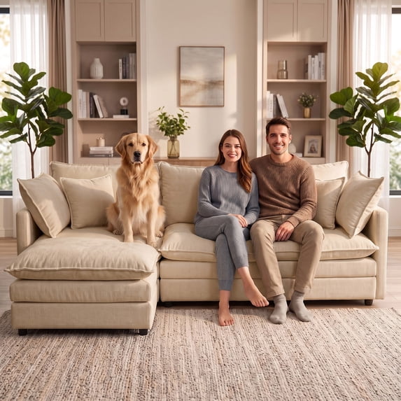 EHANCIS 105" Modular Sectional Sofa, 3 Seater Chenille L Shape Couch with Ottoman,Light Coffee