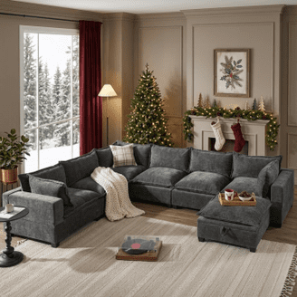 グレー オットマン Oversized U-Shaped Sectional Sofa with Ottoman, 7-Seater Chenille