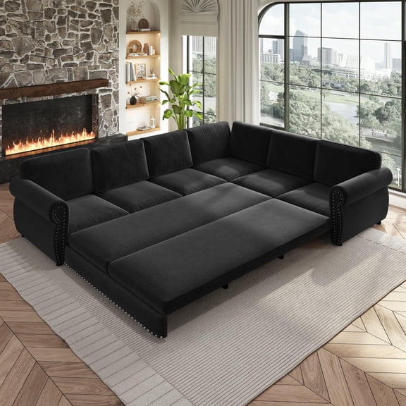 EHANCIS 118" L-Shaped Pull-Out Sectional Sofa, Chenille Vintage Chesterfield Sleeper with Button Tufting, 6-Seater Couch with Pull-Out Bed for Living Room, Black