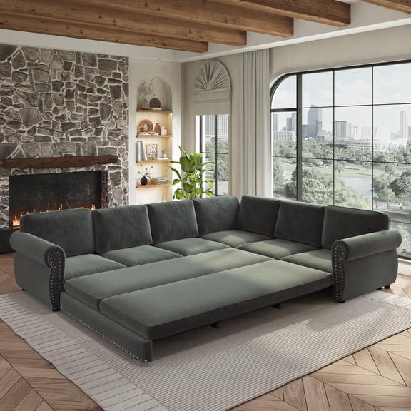 EHANCIS 118" L-Shaped Pull-Out Sectional Sofa, Chenille Vintage Chesterfield Sleeper with Button Tufting, 6-Seater Couch with Pull-Out Bed for Living Room, Dark Grey