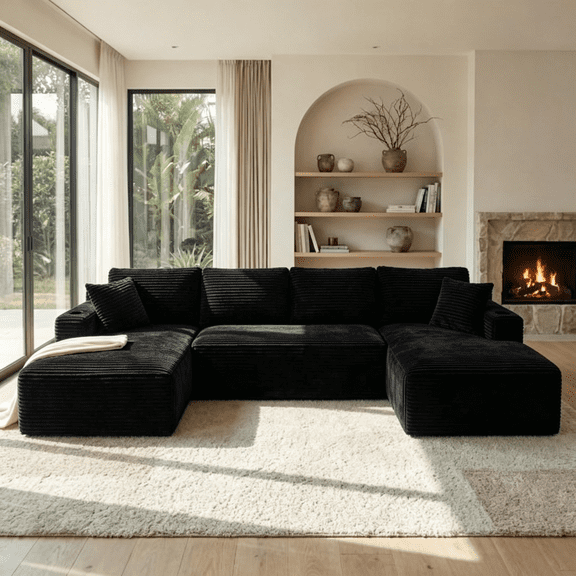 EHANCIS 125" Modular Cloud Sectional Sofa,Oversized U-Shaped Soft,Corduroy Couch with Storage & Cup Holders,Extra Deep Seat,No Assembly Required,Black