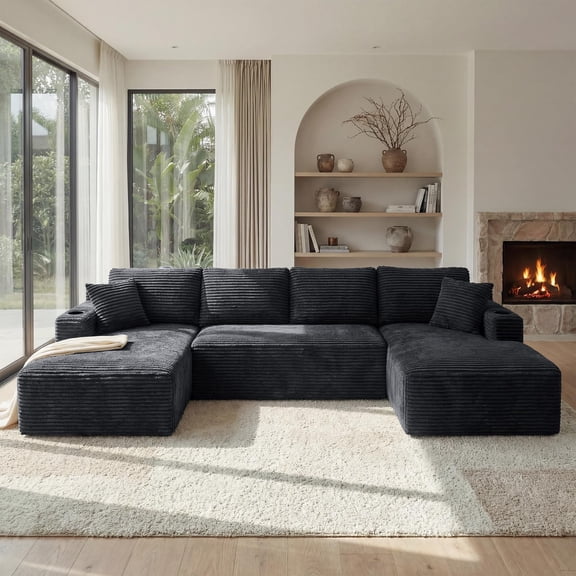 EHANCIS 125" Modular Cloud Sectional Sofa,Oversized U-Shaped Soft,Corduroy Couch with Storage & Cup Holders,Extra Deep Seat,No Assembly Required,Dark Grey