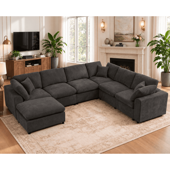 EHANCIS 130.3" W Oversized Modular Sectional Sofa,Modern Cloud Couches ,7 Seater Convertible Sofas with Ottoman, Corner Couch Furniture Set, Chenille Fabric for Living Room ,Apartment, Gray