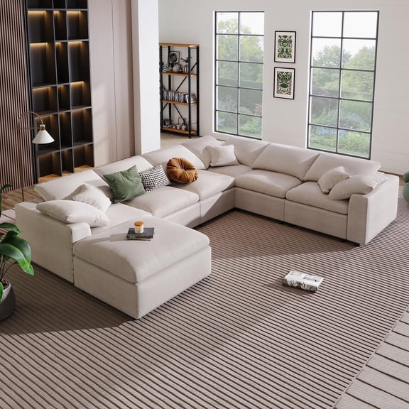 EHANCIS 130.3" W Oversized Modular Sectional Sofa,Modern Cloud Couches ,7 Seater Convertible Sofas with Ottoman, Corner Couch Furniture Set, Chenille Fabric for Living Room ,Apartment, Beige