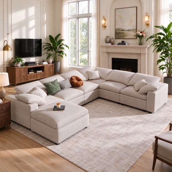 EHANCIS 130.3" W Oversized Modular Sectional Sofa,Modern Cloud Couches ,7 Seater Convertible Sofas with Ottoman, Corner Couch Furniture Set, Chenille Fabric for Living Room ,Apartment, Beige