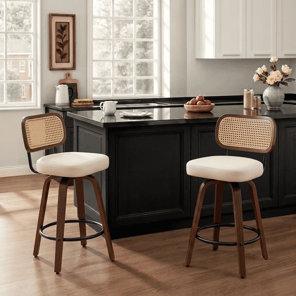 EHANCIS 26" Swivel Counter Height Bar Stools Set of 2, Boho Cane Rattan Back Chairs with Beige PU Leather Upholstered Seat & Walnut Wood for Kitchen Island