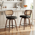 thumbnail image 1 of EHANCIS 26" Swivel Counter Height Bar Stools Set of 2, Boho Cane Rattan Back Chairs with PU Leather Upholstered Seat & Walnut Wood for Kitchen Island , Black, 1 of 10