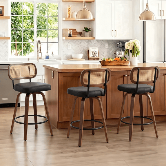 EHANCIS 26" Swivel Counter Height Bar Stools Set of 3, Boho Wicker Rattan Bar Stools with Back, Black PU Leather Seat & Walnut Wood, Indoor Bar Stool