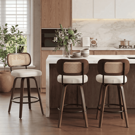 EHANCIS 26" Swivel Counter Height Bar Stools Set of 3, Boho Kitchen Island Chairs, Barstools Cane Back, PU Leather Upholstered Seat & Walnut Wood, Beige
