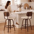 thumbnail image 1 of EHANCIS 26" Swivel Counter Height Bar Stools Set of 2, Boho Rattan Back Kitchen Island Chairs, PU Leather Upholstered Seat & Walnut Wood, Beige, 1 of 9