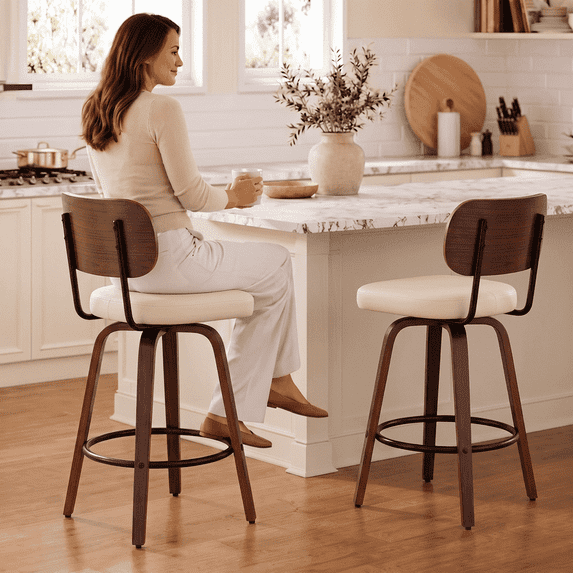 EHANCIS 26" Swivel Counter Height Bar Stools Set of 2, Boho Rattan Back Kitchen Island Chairs, PU Leather Upholstered Seat & Walnut Wood, Beige