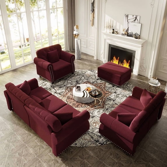 EHANCIS 3-Piece Chesterfield Sofa Set,Velvet 3-Seater, Loveseat & Single Sofa, 6-Seater Couch with Nailhead Trim, Rolled Arms, Ottoman & 6 Pillows,Living Room,Burgundy