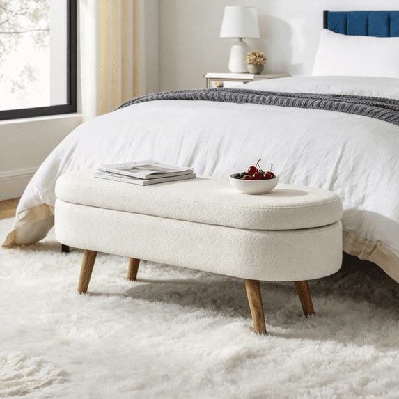 EHANCIS 43.5" Storage Ottoman Bench, Linen Upholstered End of Bed Bench, Entryway Seating for Bedroom Living Room Window, Holds 300 lbs, Beige