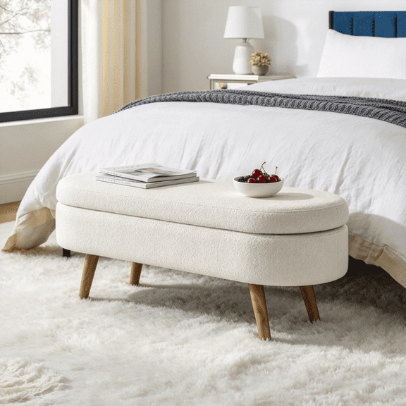 EHANCIS 43.5" Storage Ottoman Bench, Linen Upholstered End of Bed Bench, Entryway Seating for Bedroom Living Room Window, Holds 300 lbs, Beige