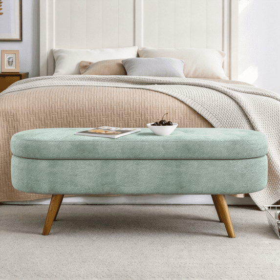 EHANCIS 43.5" Storage Ottoman Bench, Linen Upholstered End of Bed Bench, Entryway Seating for Bedroom Living Room Window, Holds 300 lbs, Cyan
