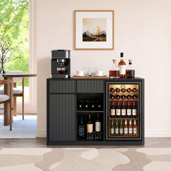 EHANCIS 51-Inch Fluted Bar Cabinet with Fridge Space, Charging Hub & Wine Glass Rack, Walnut Buffet Sideboard for Living Room, Kitchen & Dining Room(Black)