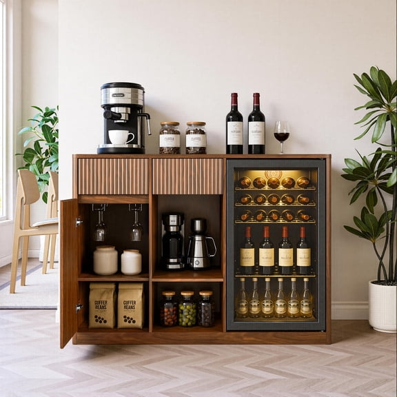 EHANCIS 51-Inch Fluted Bar Cabinet with Fridge Space, Charging Hub & Wine Glass Rack, Walnut Buffet Sideboard for Living Room, Kitchen & Dining Room(Walnut)