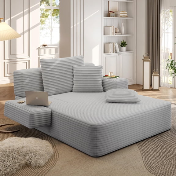 EHANCIS 60.2" 2-in-1 Oversized Chaise Lounge Indoor, Corduroy Convertible Sofa Bed, Boneless Couch with Storage Pocket, Sleeper Chair for Small Spaces, Bedroom, Living Room, Apartment,Light Gray